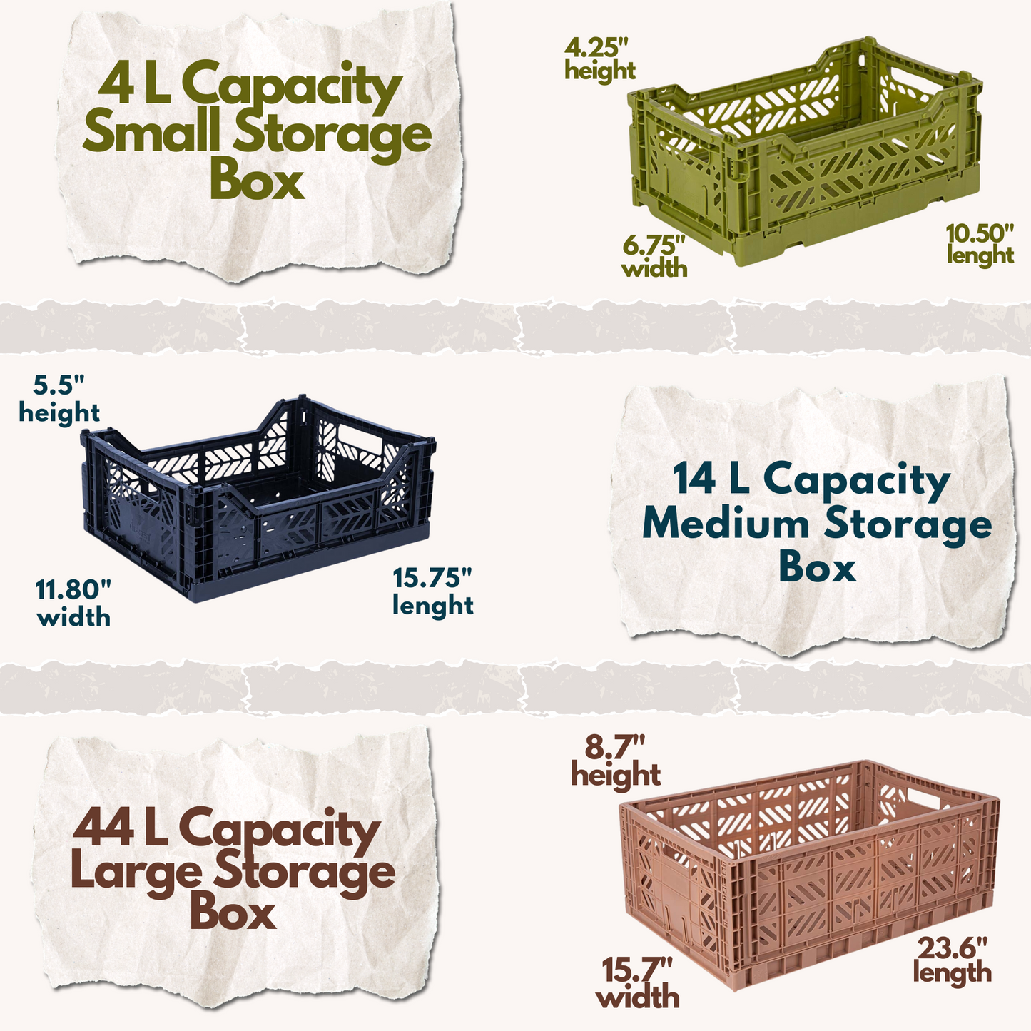 Collapsible Storage Box, Foldable Crate Organizer Bin with Handle, Stackable Crates for Home Organization 4L 14L 44L Capacity