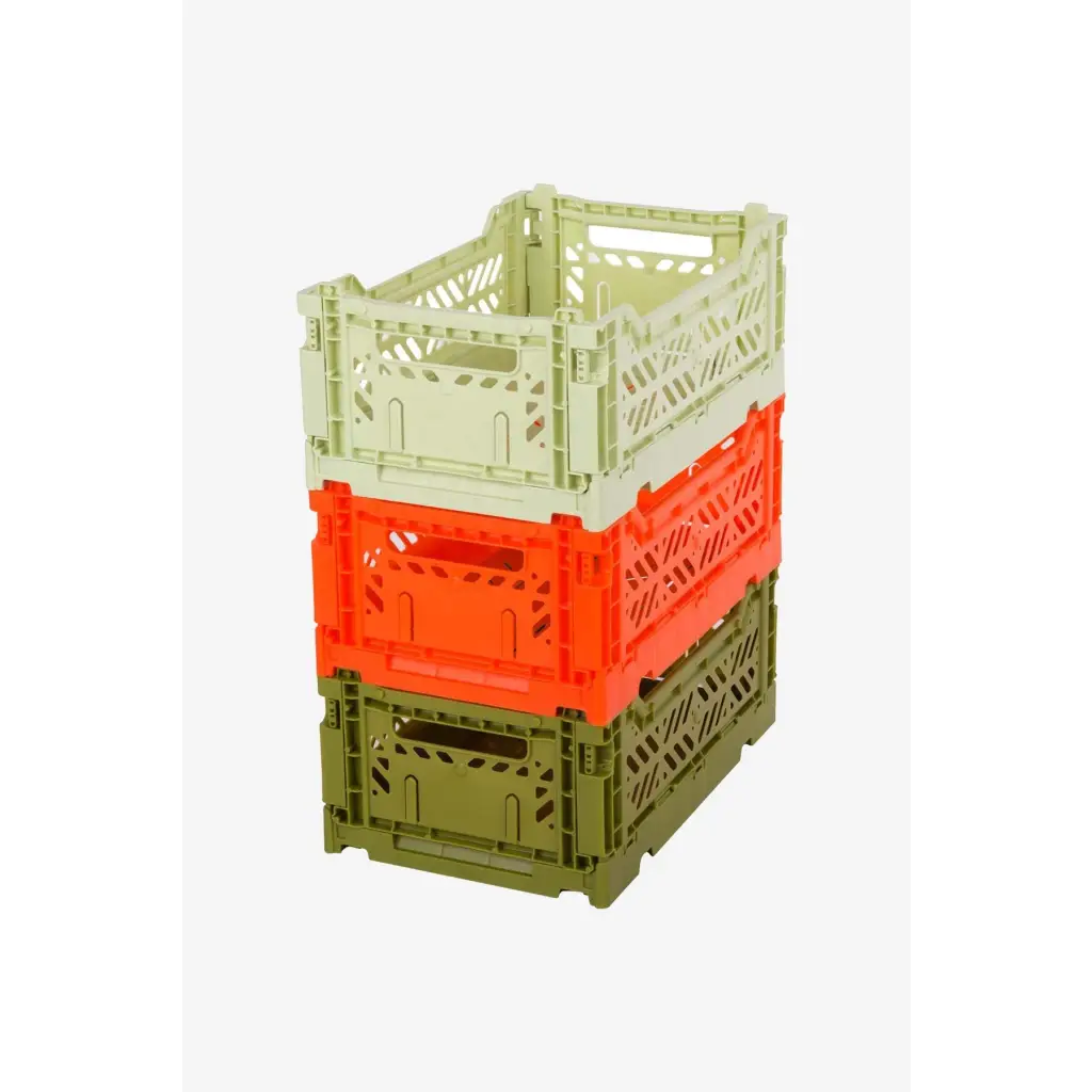 Luna Crates 3-Pack Foldable Storage Bins, Plastic Crate for Storage, Collapsible Crate, Utility Stackable Box Small Lime, Orange and Olive - Luna Crates